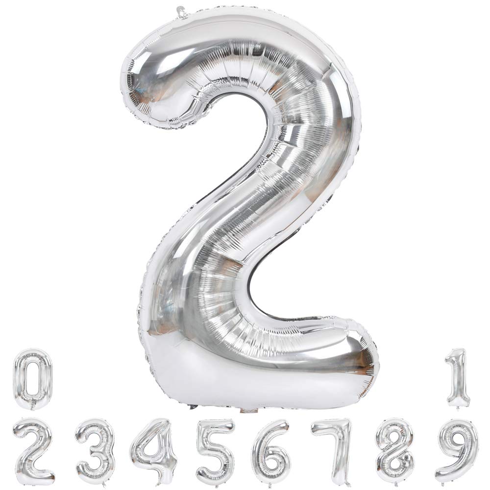 Toniful 40 Inch Silver Large Numbers Balloons 0-9, Number 2 Digital 2 Helium Balloons, Foil Mylar Big Number Balloons For Birthd
