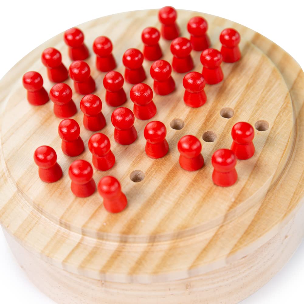 Bigjigs Toys Mini Solitaire Game - 32 Piece Wooden Travel Game, Multicoloured Pegs, Ideal for Kids & Stocking Fillers
