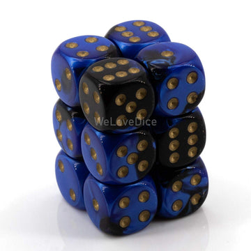 chessex Manufacturing 26635 D6 cube gemini Set Of 12 Dice 16 mm - Black & Blue With gold Numbering