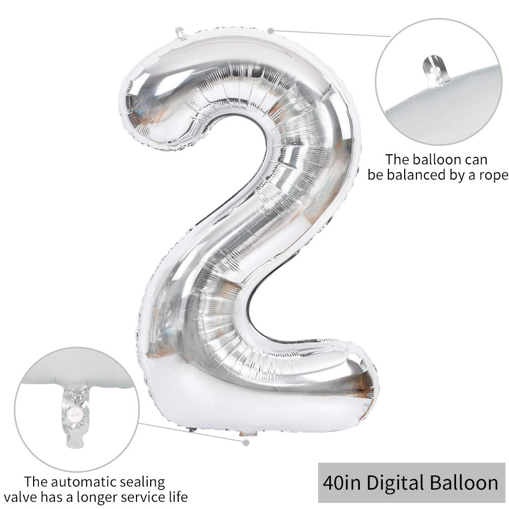 Toniful 40 Inch Silver Large Numbers Balloons 0-9, Number 2 Digital 2 Helium Balloons, Foil Mylar Big Number Balloons For Birthd