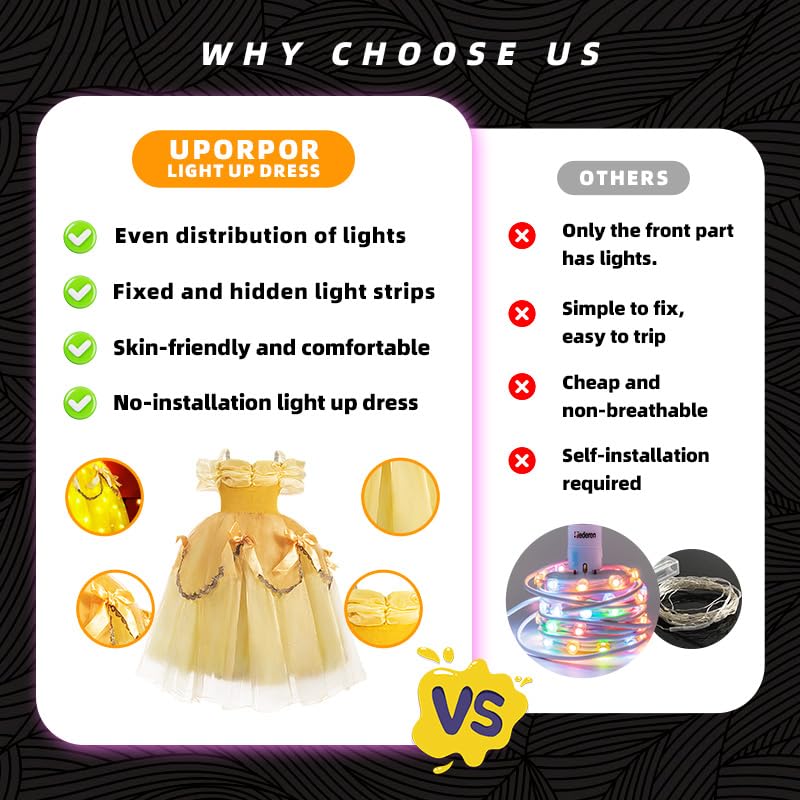 Uporpor Light Up Princess Belle Costume Girls Kids Toddler Beauty And The Beast Dress Outfit Cosplay Halloween Christmas Carniva