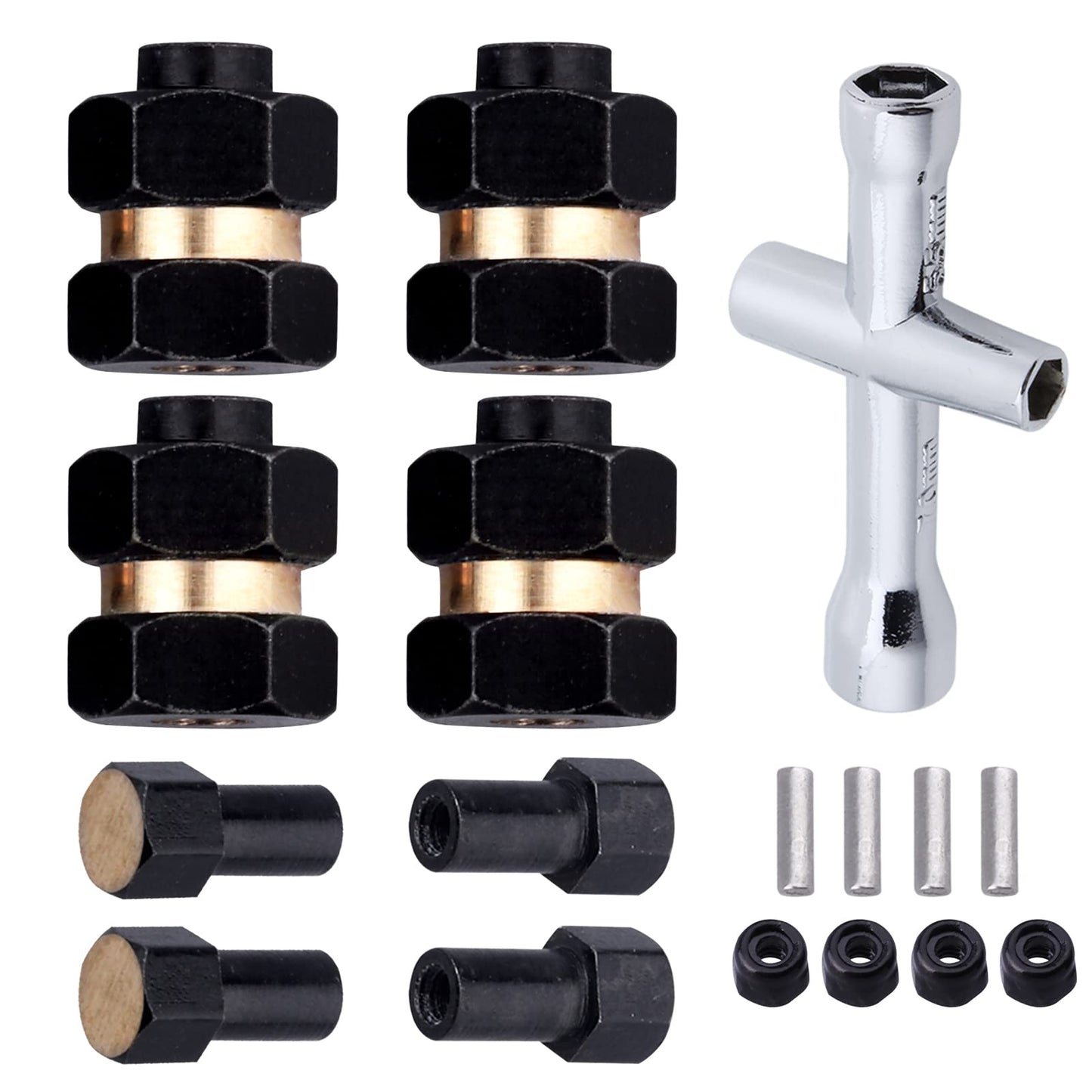 4 Pieces Brass 7mm Hex Extended Wheel Hubs Wheel Spacers Axle Extension Combiner w/Locknuts and Wrench, Compatible with Axial SC