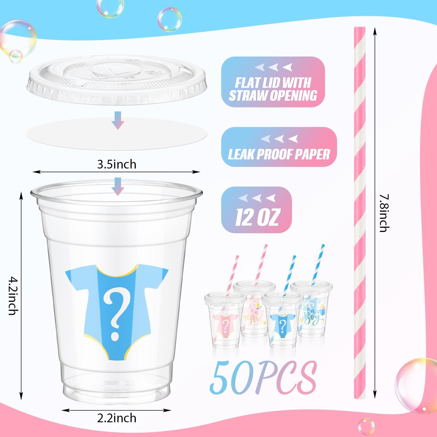 Foldtier 50 Pcs Gender Reveal Party Plastic Cup 12 Oz Gender Reveal Cups Boy Or Girl Thick Clear Cup Lids Straws Gender Reveal P