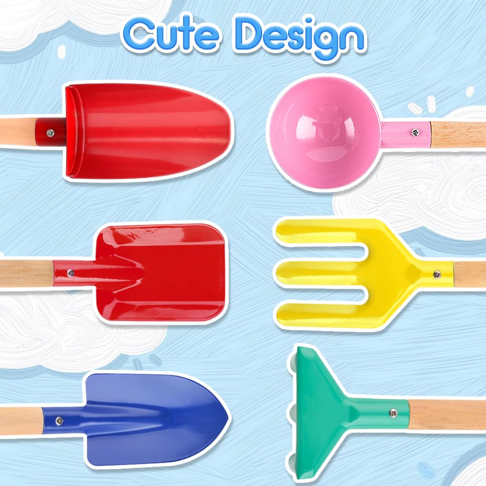 UMUACCAN 6 Piece Kids Beach Tools,Children Beach Sand Toys, Made of Metal with Sturdy Wooden Handle,Safe Beach Gardening Set,Spo