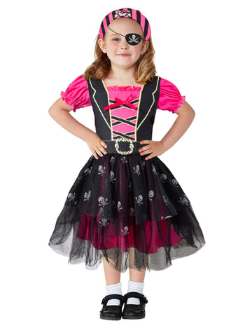 Okbebe Toddler Baby Girl Pirate Costume Halloween Sea Buccaneer Dress And Pirate Eye Mask With Head Scarf (Pink,4T)
