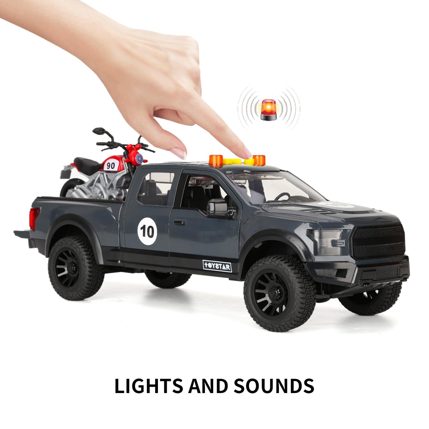 Sasbsc Toy Pickup Trucks For 3 4 5 Year Old Boys 1:18 Friction Power Truck Toy With Motorcycle Plastic Big Trucks With Lights An