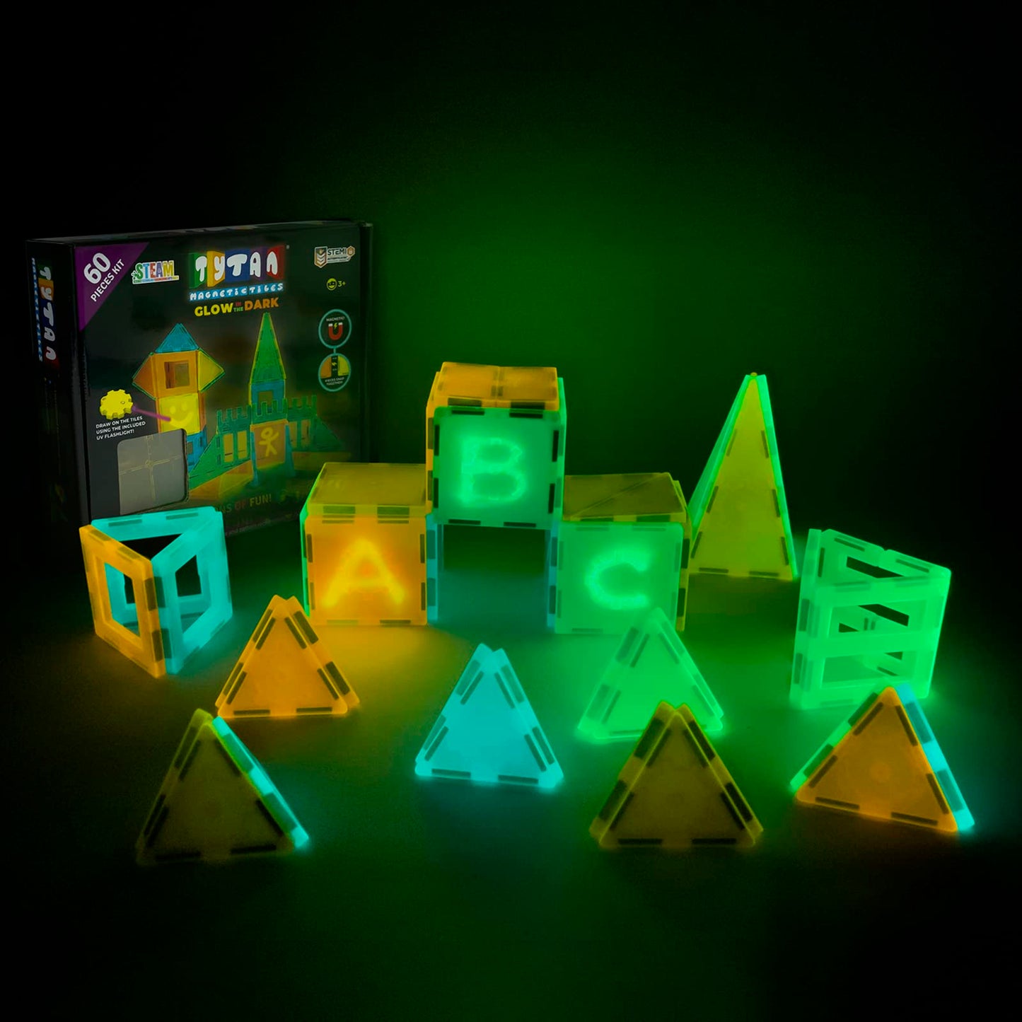 Tytan 60-Piece Glow in The Dark Magnetic Tiles Set, Multi-Color STEM Toy, Plastic, Includes Storage Bag & UV Flashlight