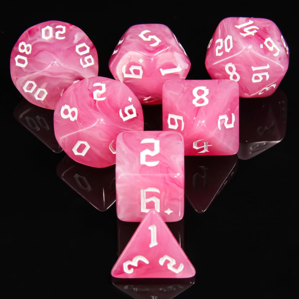 7PCS Polyhedral DND Dice, D&D Dice Set Filled with Pink and White Swirls for Role Playing Dice Games as DND RPG MTG Table Games