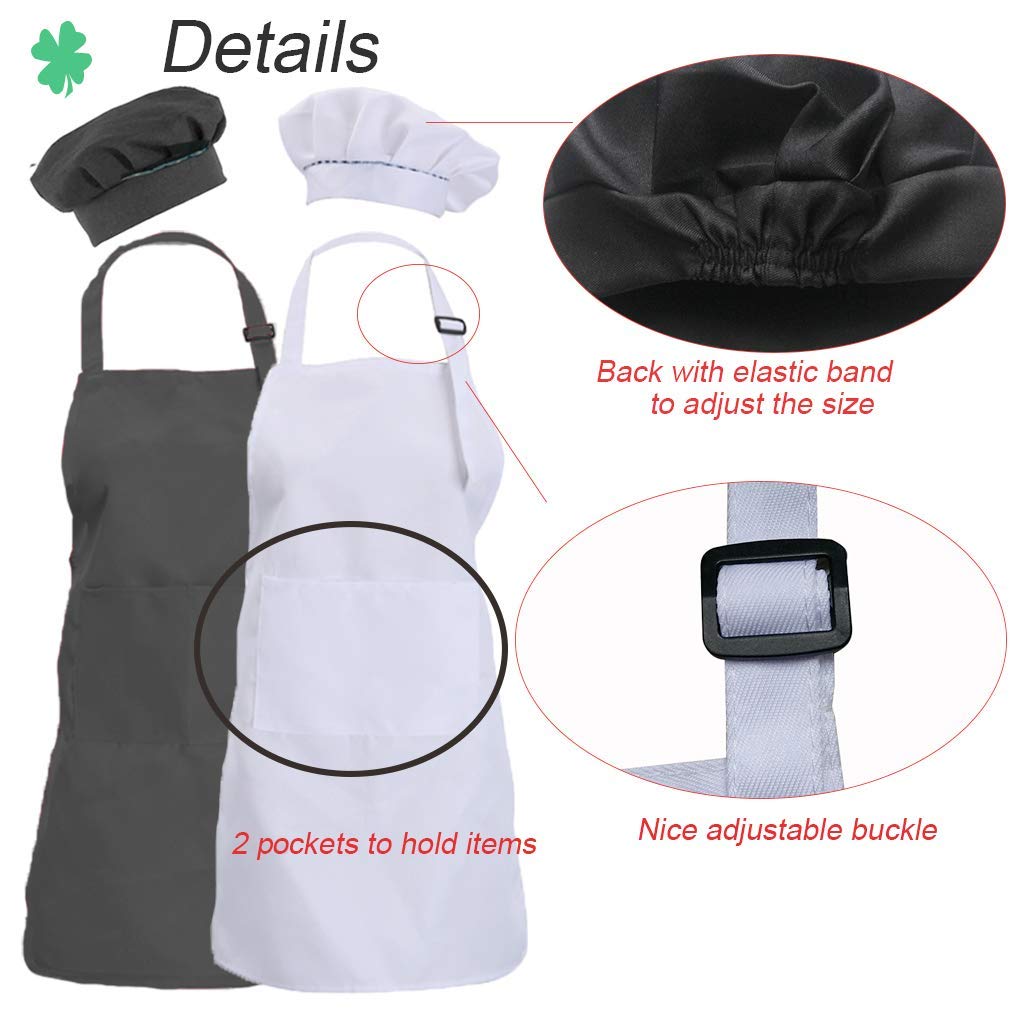 multifuns 2 Sets Black & White Kids Aprons and Chef Hat Set for Girls Boys Baking Cooking Painting 5-12 Ages