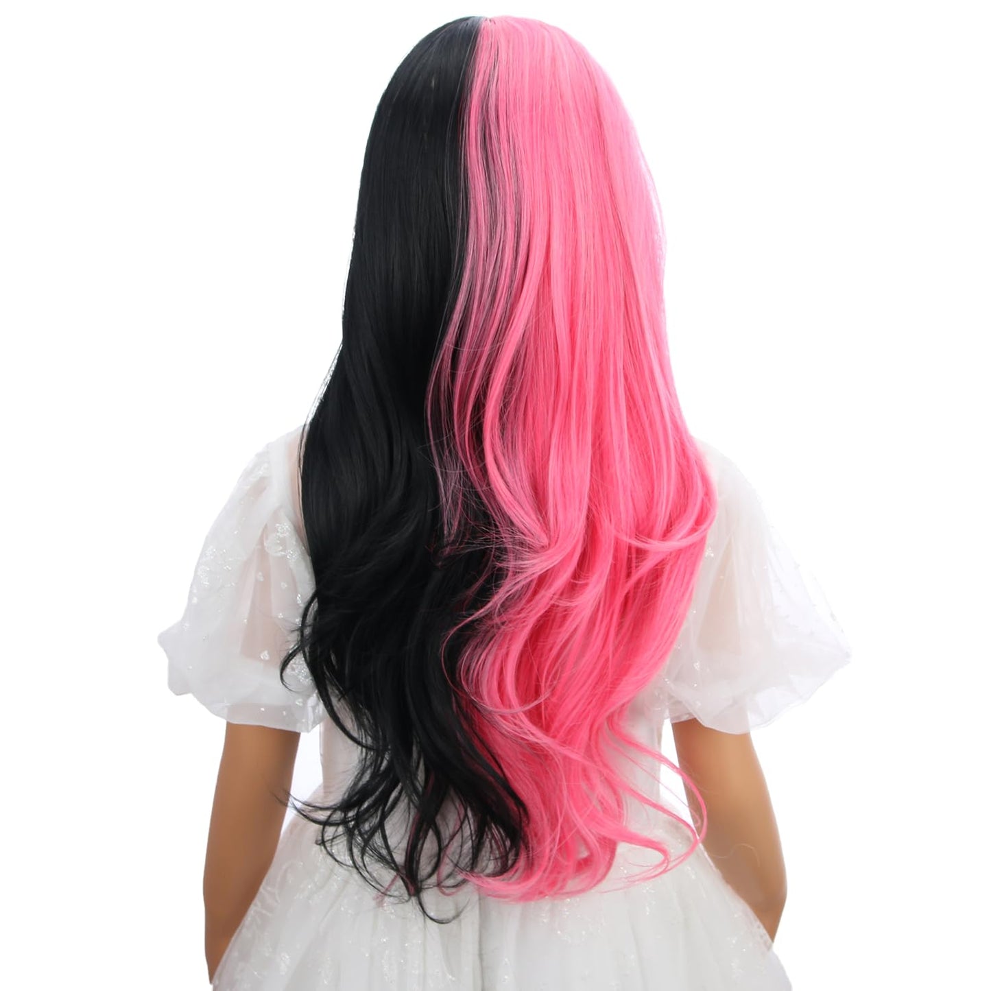 Wavelnm Kids Black Pink Wig With Bangs Child Half Pink And Half Black Wig Long Wavy Curly Wig For Girls Synthetic Wigs With Wig