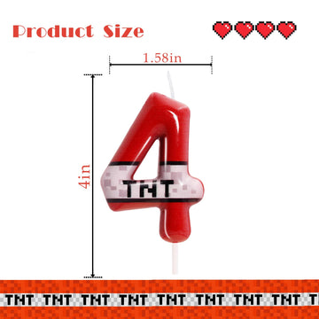 TNT Themed Birthday Candles for Boys Girls, Craft Pixels Cake Topper, Kids Themed Birthday Party Supplies (Number 4-Red)