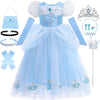 Luzlen Cinderella Costume For Girls Blue Princess Dress For Kids With Puffy Sleeves Halloween Birthday Party Outfit,6-7 Years(La