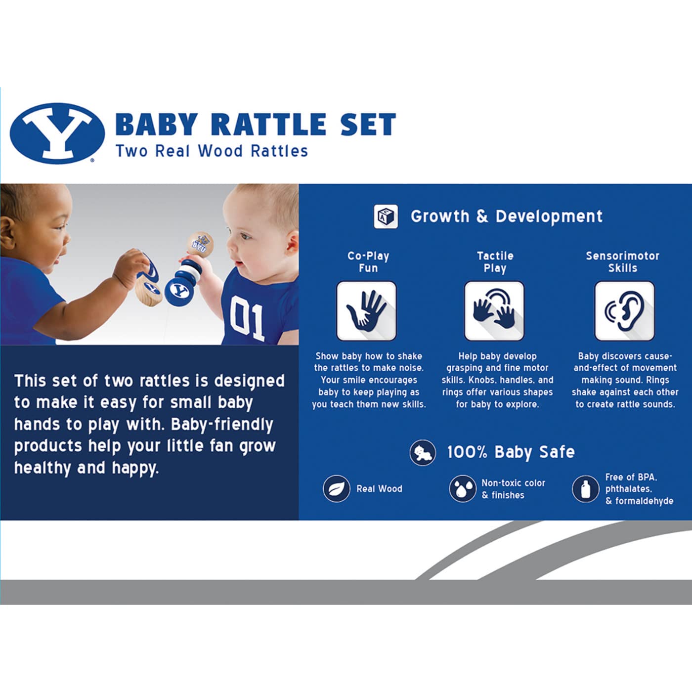 Babyfanatic Wood Rattle 2 Pack - Ncaa Byu Cougars - Officially Licensed Baby Toy Set