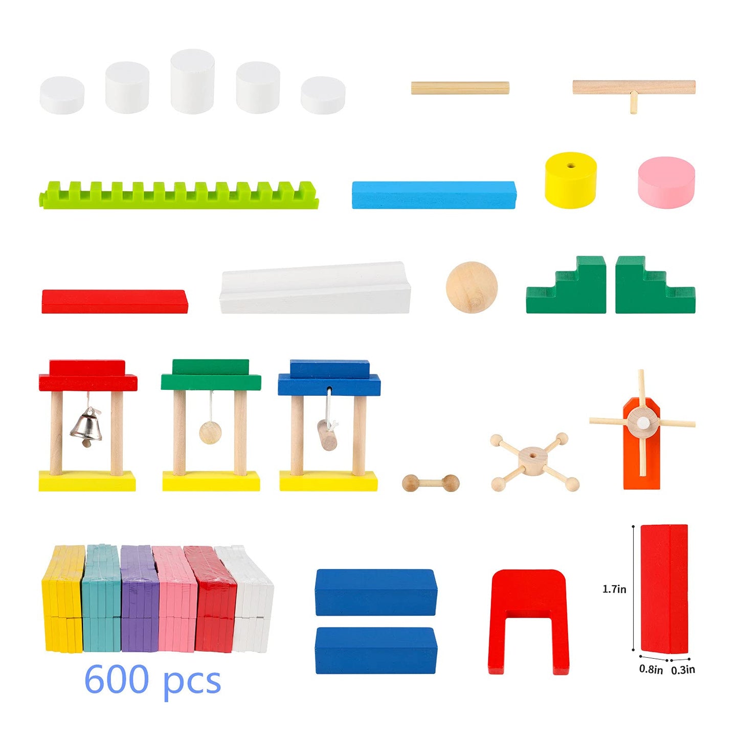 Wondertoys 600 PCS Wooden Dominoes Set - Multicolored Building Blocks for Kids with 11 Add-ons & Storage Bag - Educational Toy for Parties
