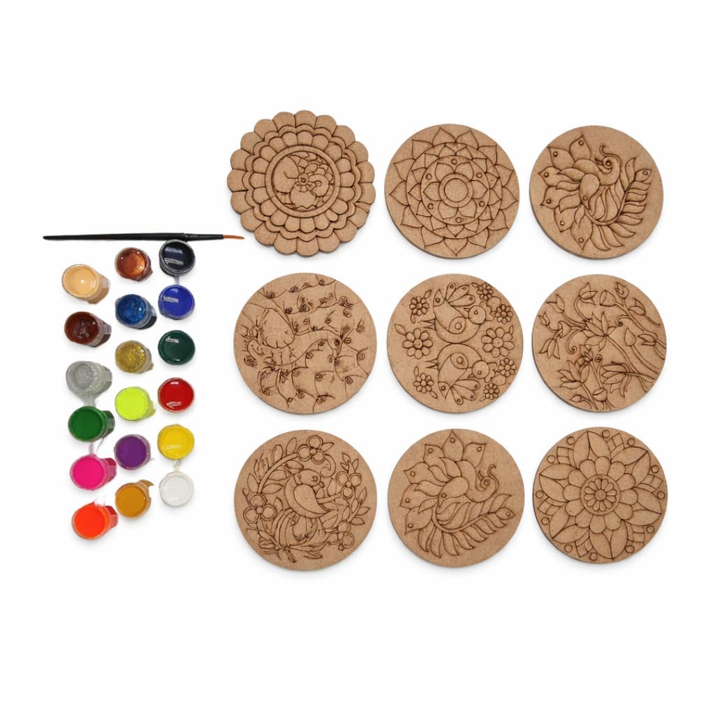 Dandur Wooden Mandala Art Diy Painting Kit With Paint Colors And Brush For Infants, Toddlers Or Preschool Children