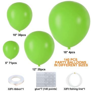 140Pcs Lime Green Balloons Light Green Balloon Garland Arch Kit 5/10/12/18 Inch Matte Latex Green Balloons Different Sizes As Ba