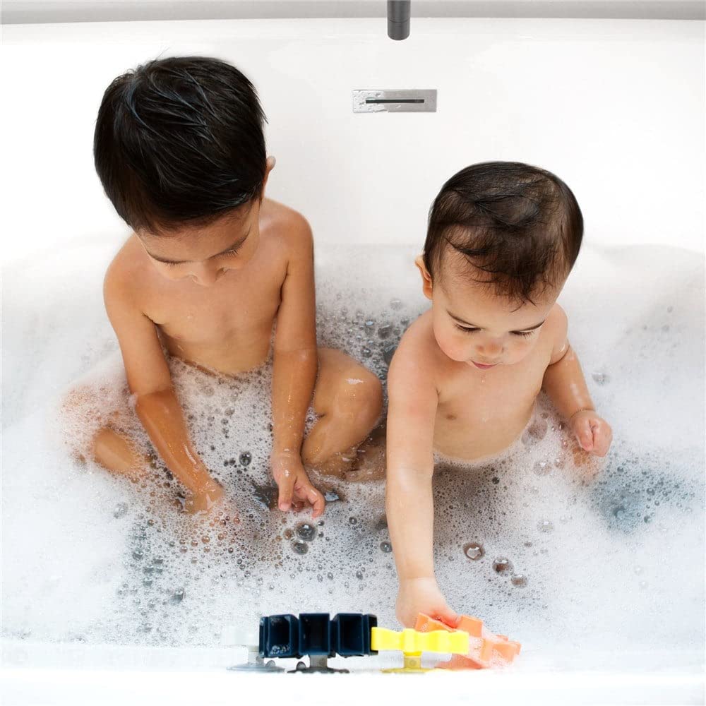 Boon Cogs Baby Bath Toys - Spinning Gear Themed Sensory Baby Toys For Bathtub - Suction Toys For Bathtub Walls - Navy And Yellow - 5 Count - Ages 12 Months And Up