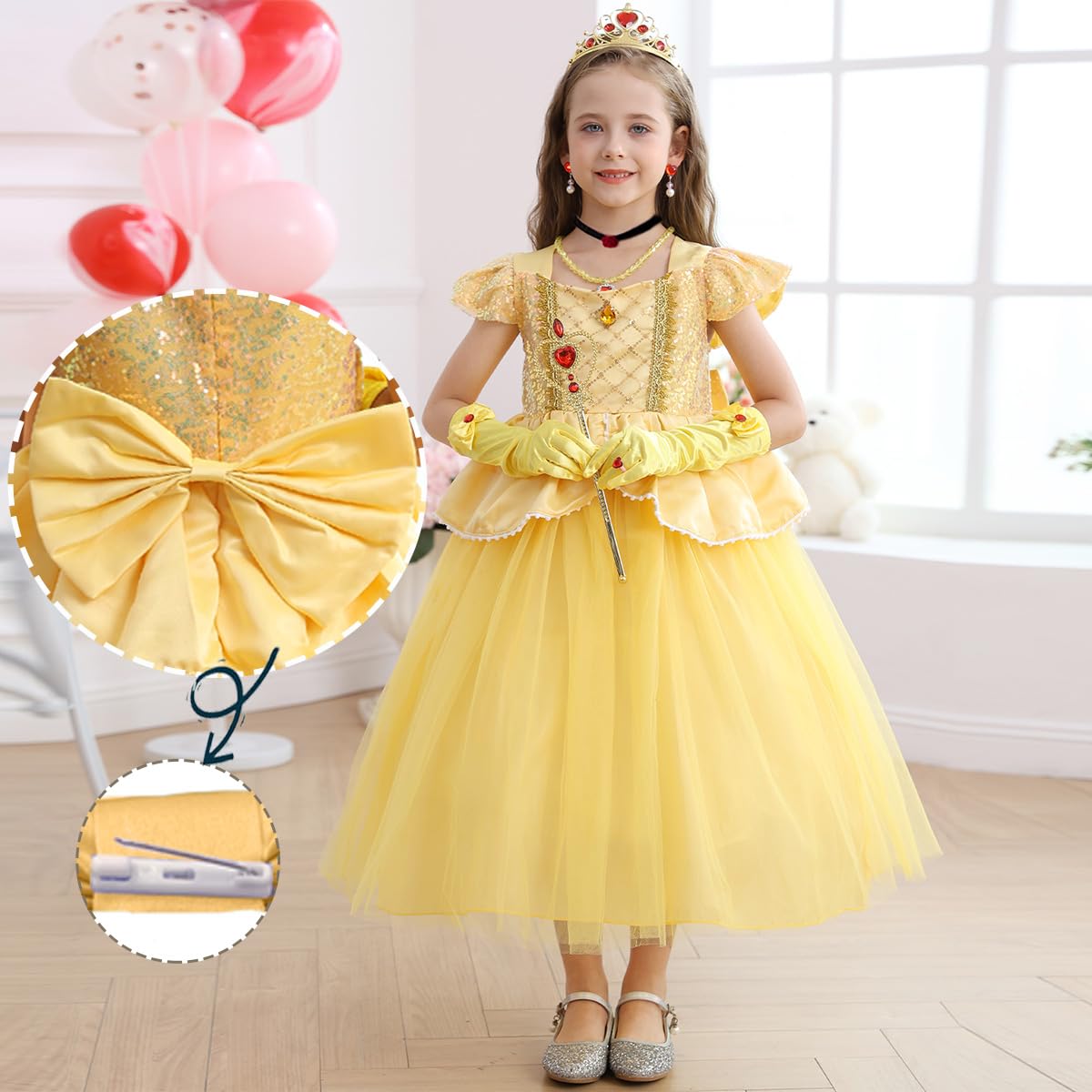 Luzlen Belle Costume For Girls Yellow Princess Dress Up Halloween Birthday Party Cosplay Outfits With Accessories Yellow, 6-7Y(Tag 140)