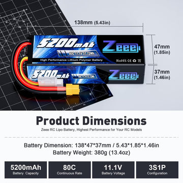 Zeee 3S Lipo Battery 5200mAh 11.1V 80C with XT60 Connector Hard Case Battery for RC Car Truck Tank Boat RC Plane Airplane Quadco