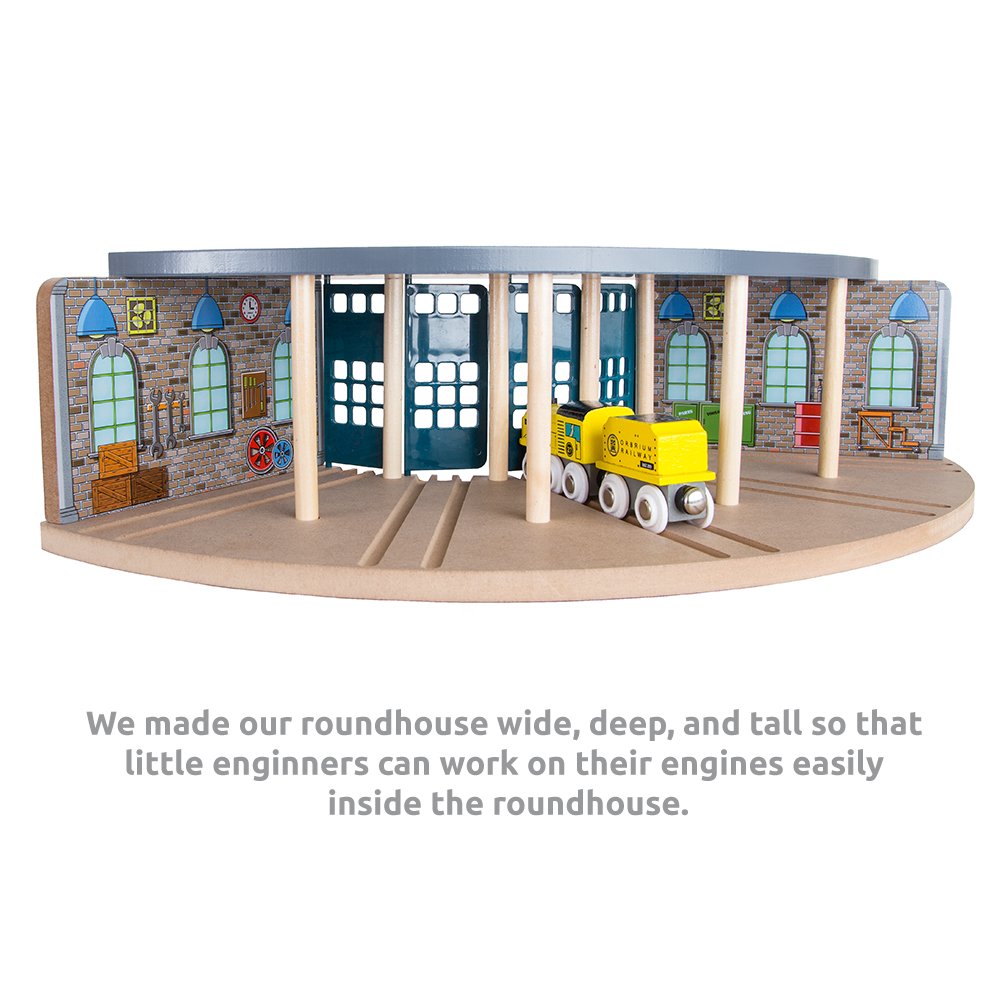 Orbrium Wooden Railway 5 Engine Bays, Rooftop Rails Full Size Roundhouse With 14-Ways Turntable Compatible With Thomas & Friends Brio Imaginarium Melissa Doug Engine Shed