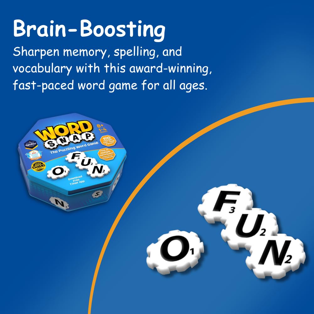 WordSnap Word Strategy Game - Fun Puzzle for 1-4 Players, Travel Size, 100 Pieces (Tin), Blue, Ages 8+