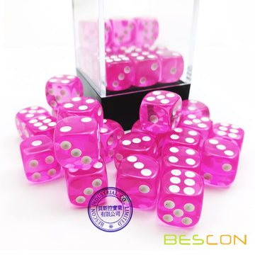 Bescon 12Mm 6 Sided Dice 36 In Brick Box, 12Mm Six Sided Die (36) Block Of Dice, Translucent Pink