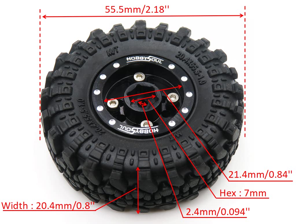 HOBBYSOUL Heavy RC 1.0 Wheels and Tires Pre-Mounted, 1/24 Tires & Adjustable Offset 1.0 Beadlock Wheels Black for 1:24 RC Crawle