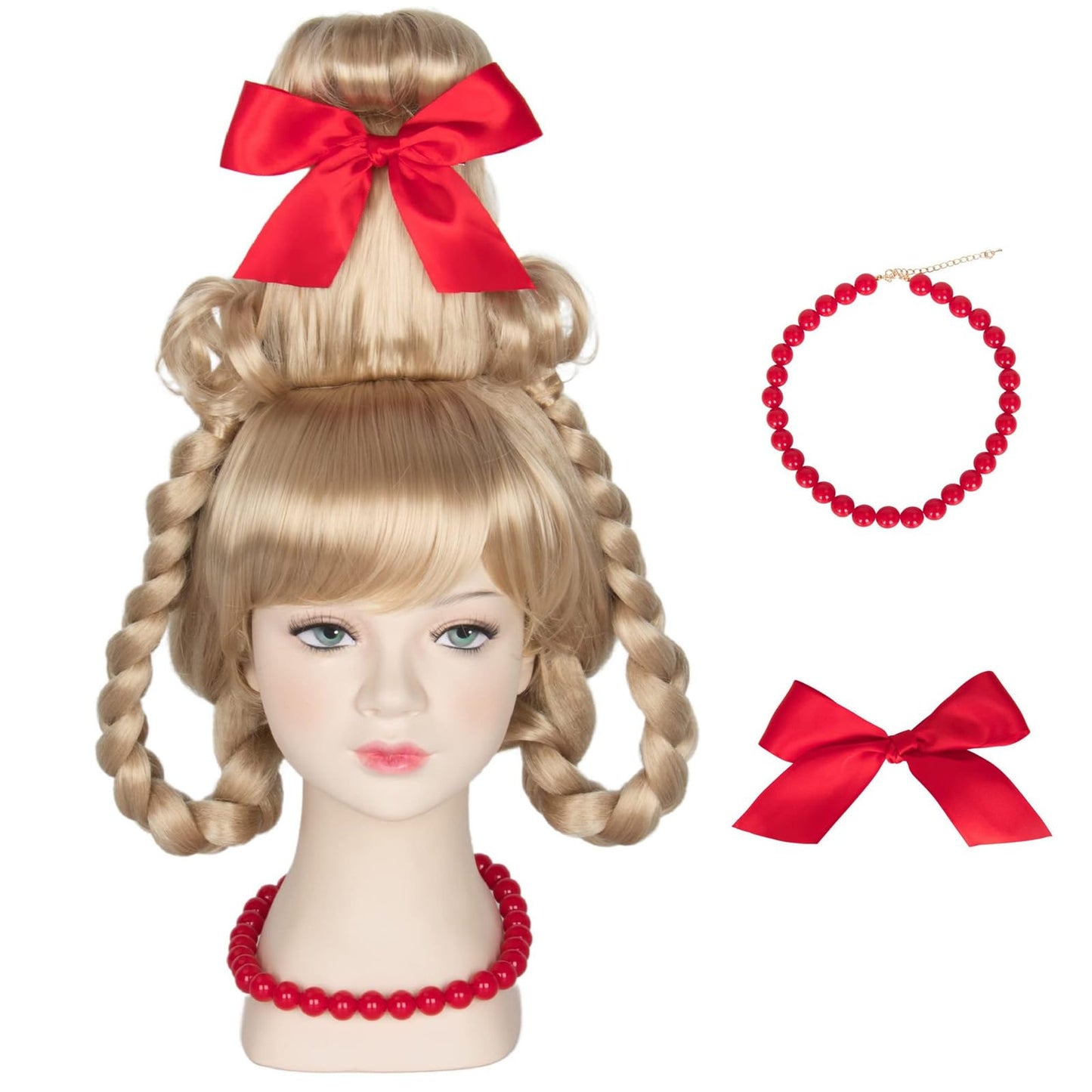 Xinxiaomeng 7PCS Cindy Lou Who Costume Kids Girls Christmas Costume Cindy Dress Cape Wig Christmas Elf Outfit Accessories