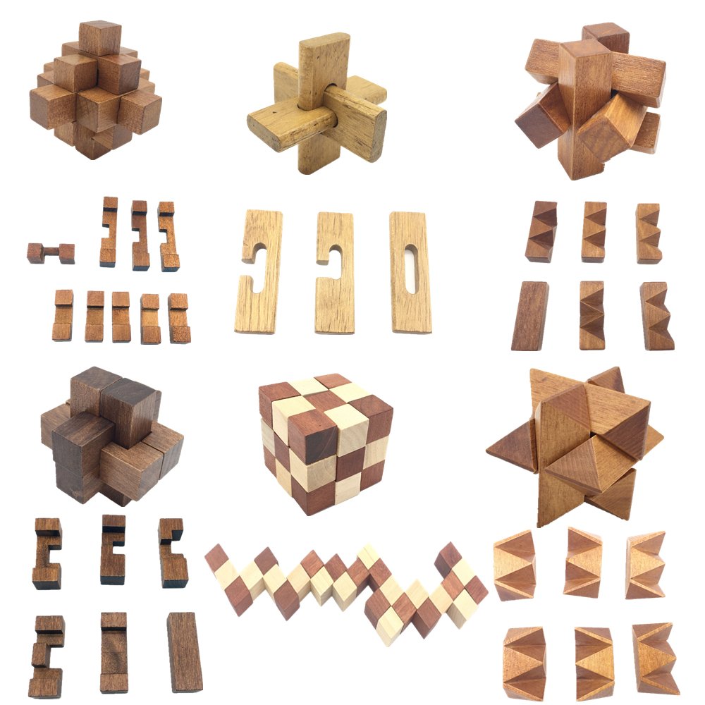 Guaishou 6-In-One 3D Luxury Wooden Brain Puzzle Teaser Kongming Lock For Teens And Adults Includes Storage Box