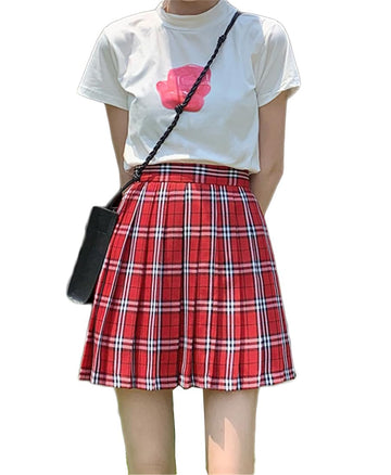 Beautifulfashionlife Womens Japan School Plain Solid Pleated Summer Skirts (L,Red White)