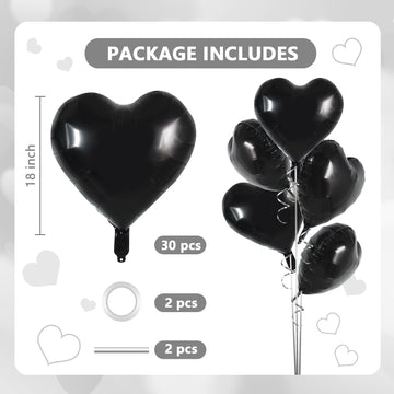 TONIFUL 30Pcs 18 Inch Black Heart Balloons Black Heart Shape Foil Mylar Balloons Decoration for Birthday Valentines Day Wedding