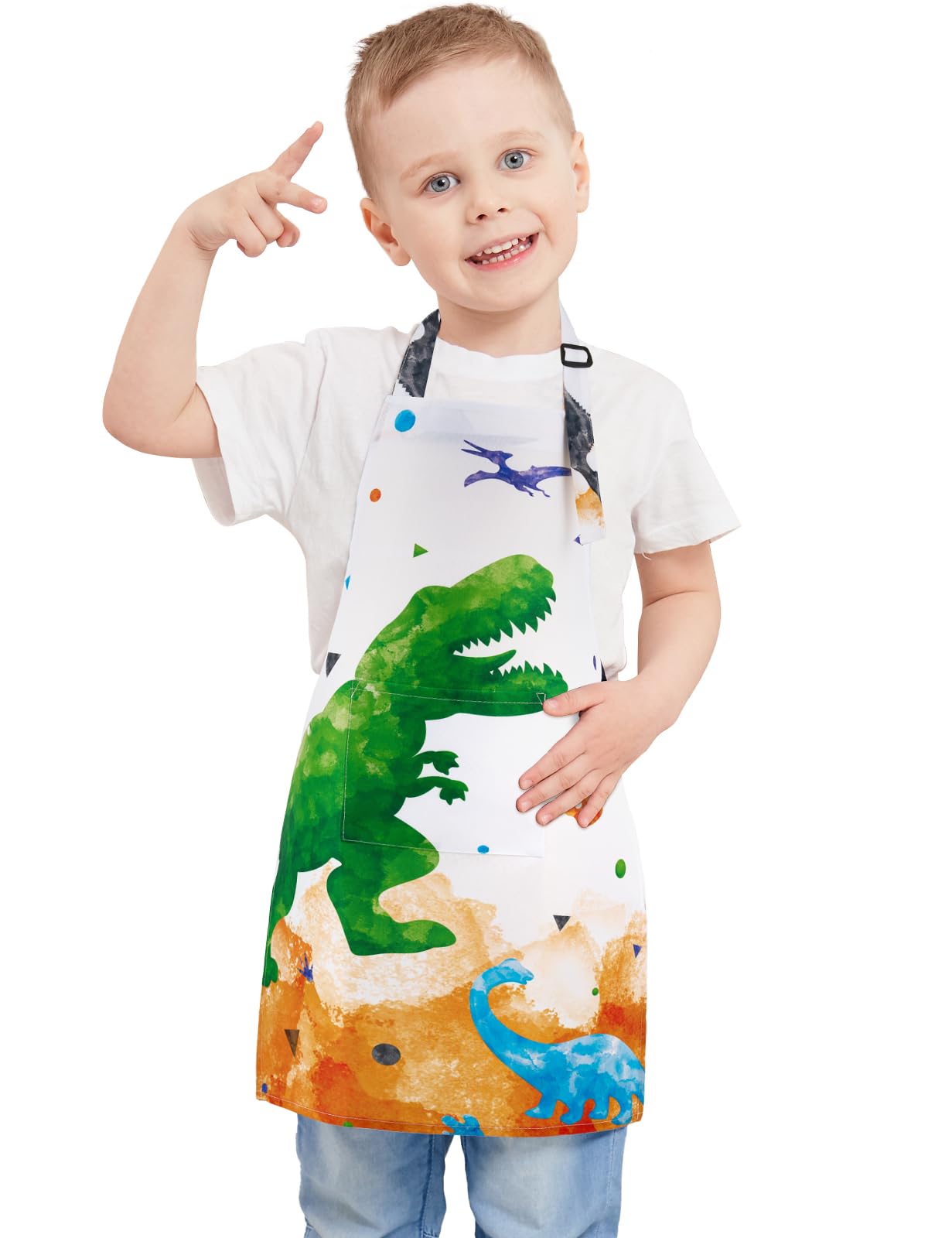 Dinosaur Kids Apron - Waterproof Polyester Aprons With Adjustable Strap And Pocket Kitchen Chef Bib Aprons For Children Boys Cooking Baking Painting Party Christmas Birthday Gifts (Small, 6-10 Years)
