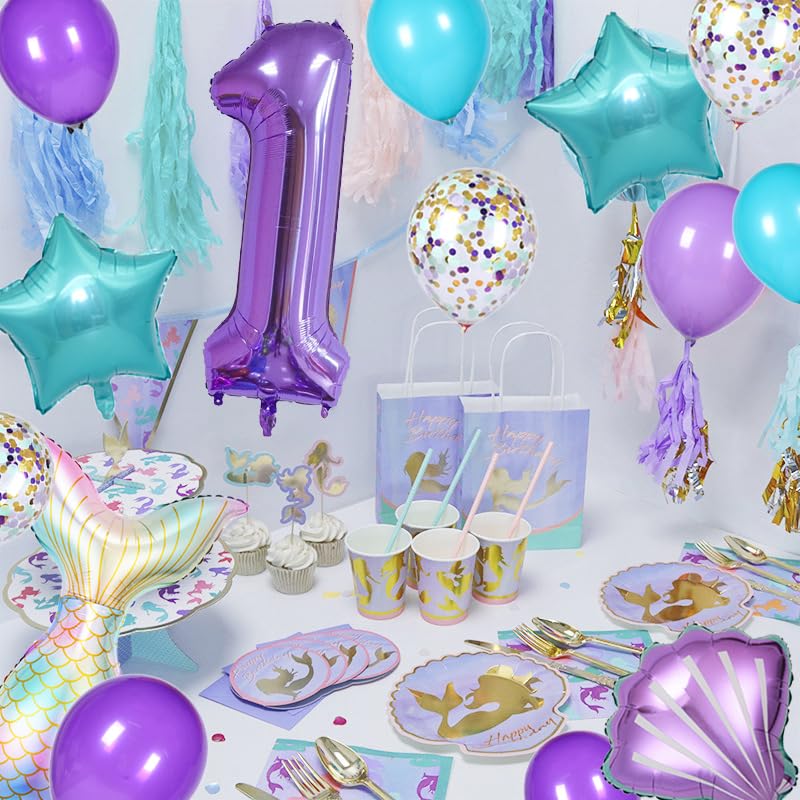 Msmancy Mermaid Birthday Decorations For Girls, 25Pcs Mermaid Party Supplies Set With Mermaid Tail, Shell, Star, Latex Balloons