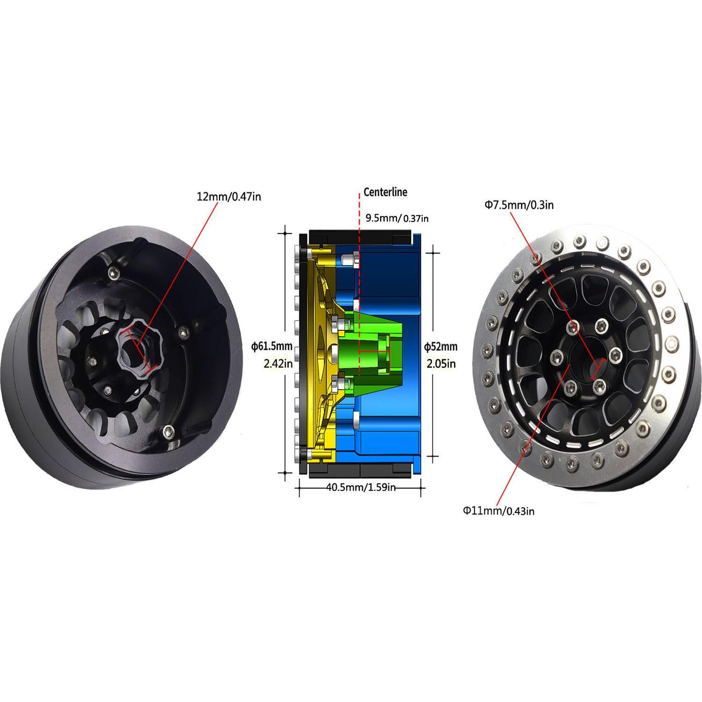 Txxrcss RC 2.2 Aluminum Alloy Beadlock Wheels and Tires Upgrades Accessories Rims for 1/10 SCX10 TRX4RC4WD and D90 RC Crawler Ax