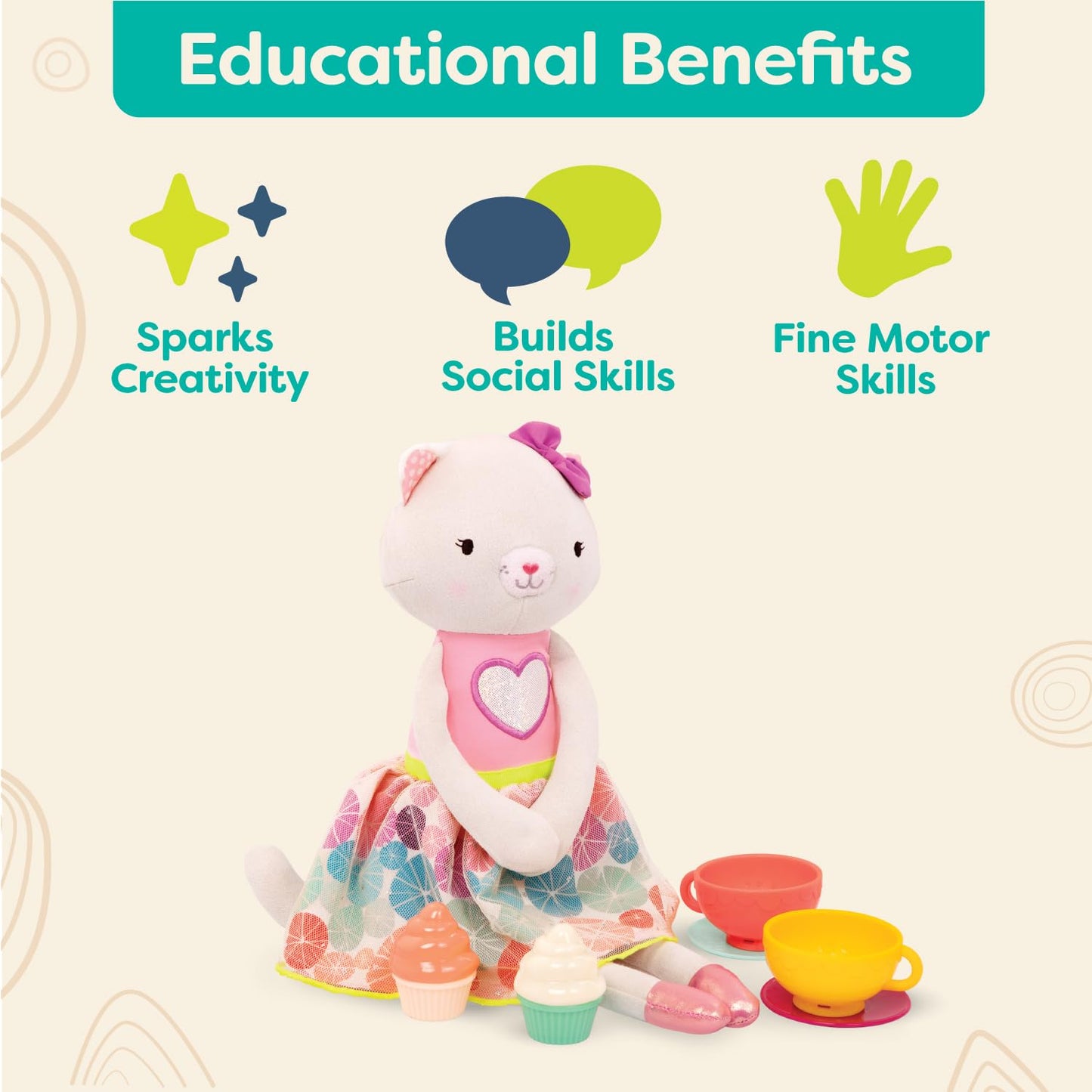 B. Toys- Tippy Toes- Cali Cat- Plush Cat Playset- Pretend Play – Tea Party Set – Plush Cat Doll – Board Book – Cups & Play Food – 2 Years +