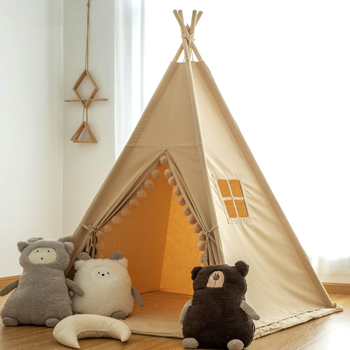Rongfa Kids-Teepee-Tent With Lights &Large Pompoms & Carry Bag, Machine Washable Teepee Tent For Kids Indoor Tent, Foldable Toddler Tent For Kids -Toddler Teepee Tent For Girls & Boys(Without Mat)