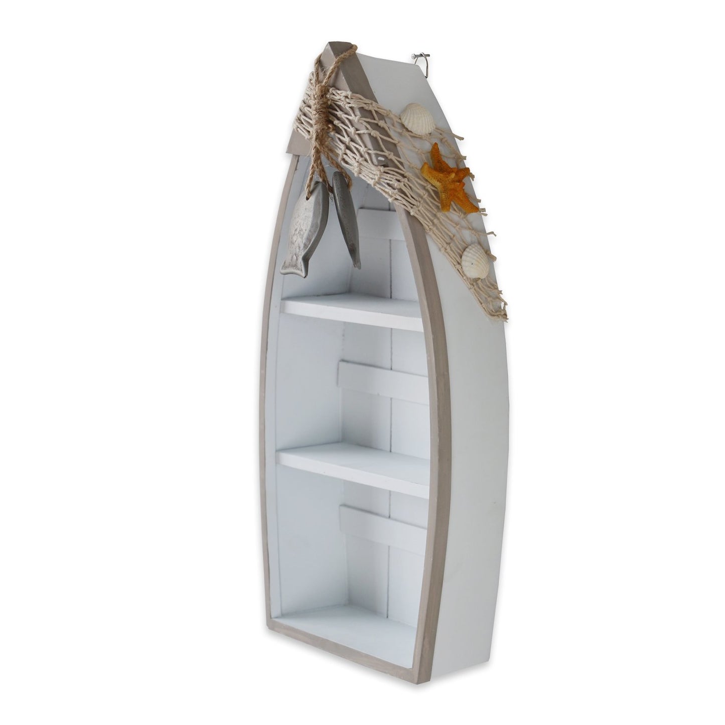 Wooden Boat Shelf, 16.5'H Standing Boat Display With Fish Net Starfish Seashell Accents White Beach Nautical Theme Decor