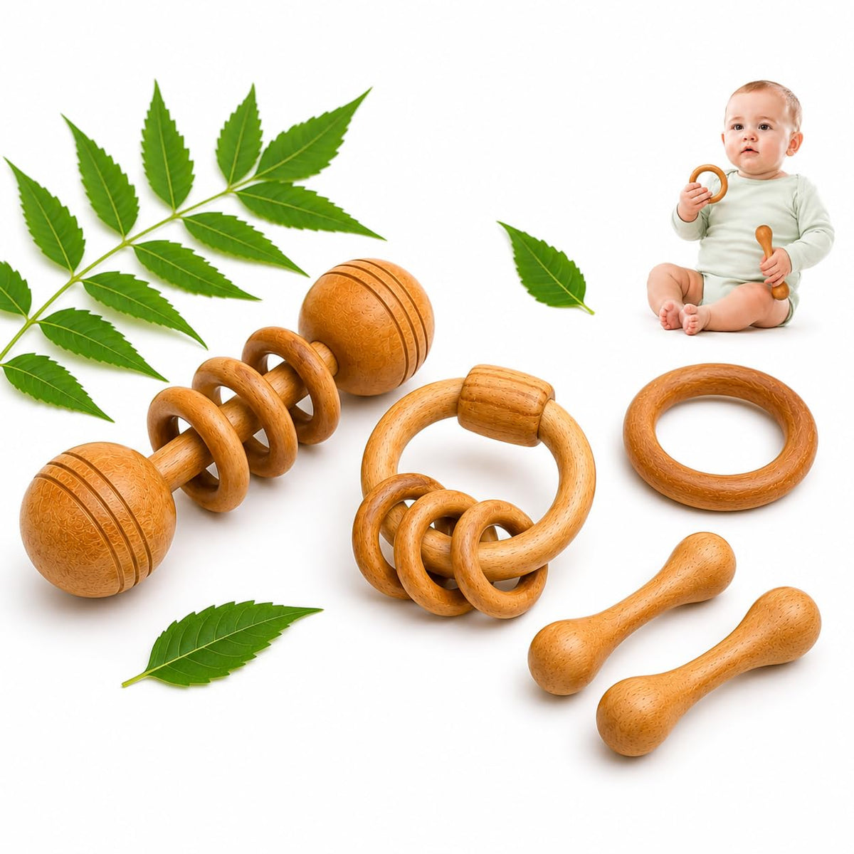 Neem Wood Baby Rattle And Teether Combo, Natural Wooden Toy Set For Infants