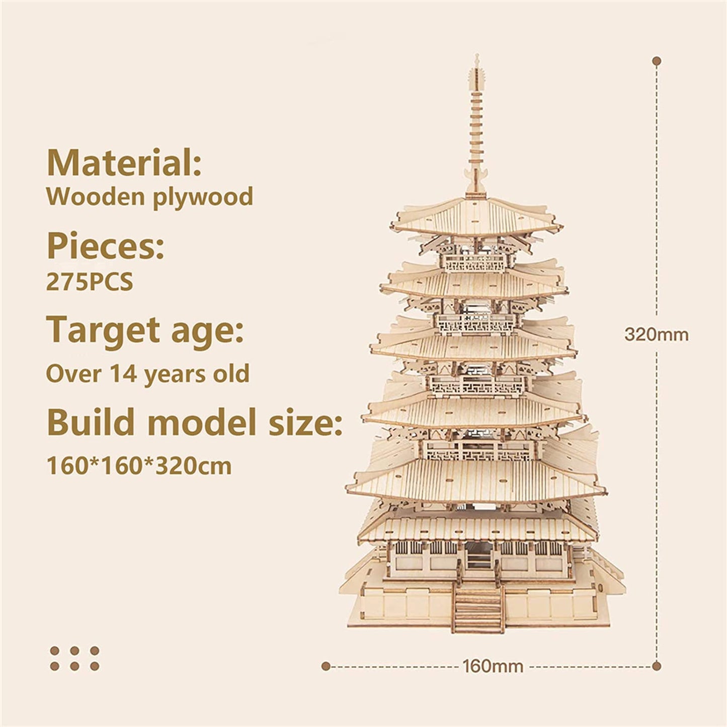 Rowood 3D Puzzles For Adults, Wooden Model Kits For Adults To Build, Gift On Birthday Christmas - Five-Storied Pagoda (275 Pcs)
