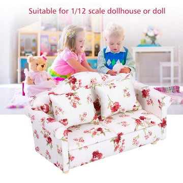 Mini Dollhouse Sofa, 1/12 Scale Dolls House Furniture Couch Flower Pattern Mini Furniture Sofa Set With Back Cushions(#1)