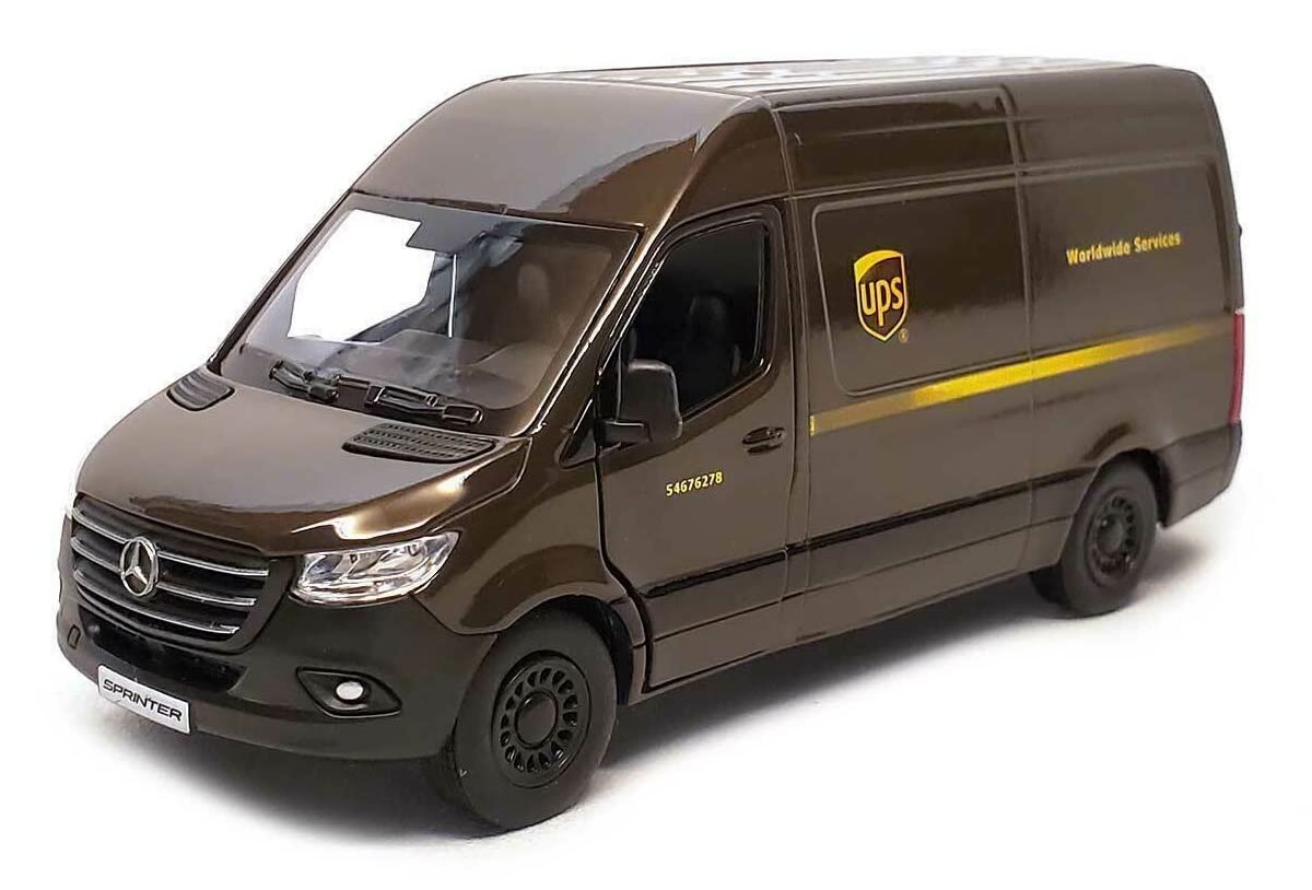 Kinsmart - Mercedes-Benz Sprinter Ups Edition Cargo Van, 1:48 O Scale Die Cast Metal Model Toy Van, Pull-Back Action
