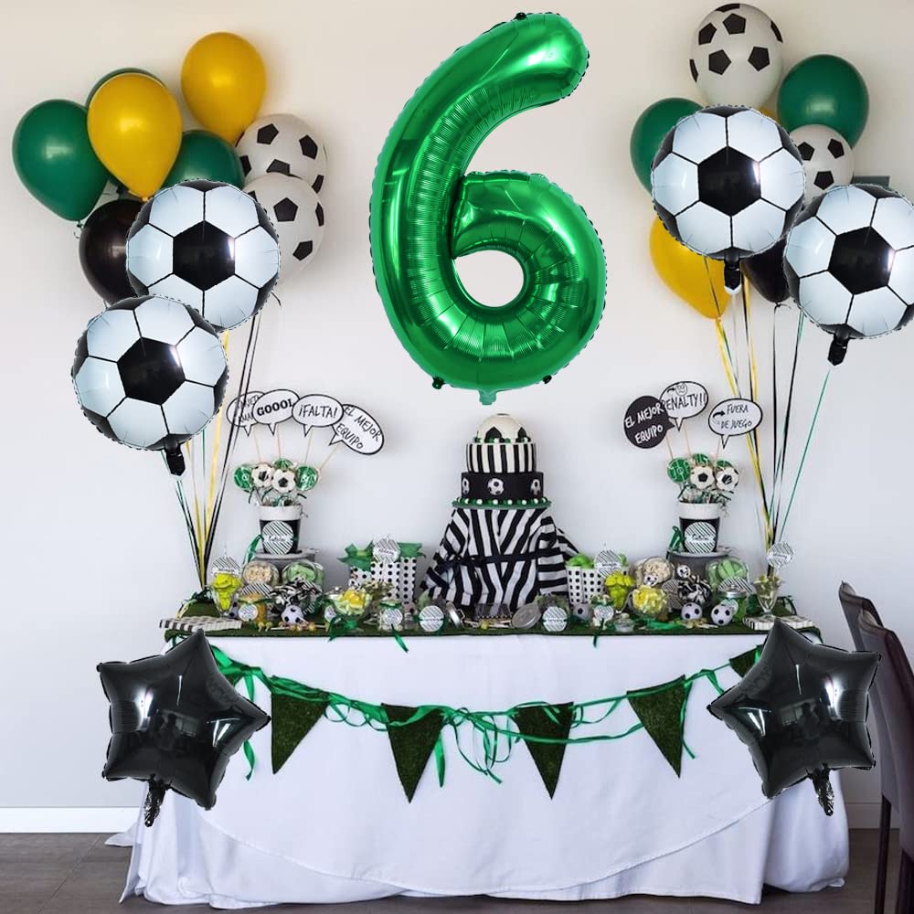 Toniful 32 Inch Soccer Balloons Set 6St Birthday Decoration Green Number 6 Foil Soccer Balloon Black Star Balloons For Children'