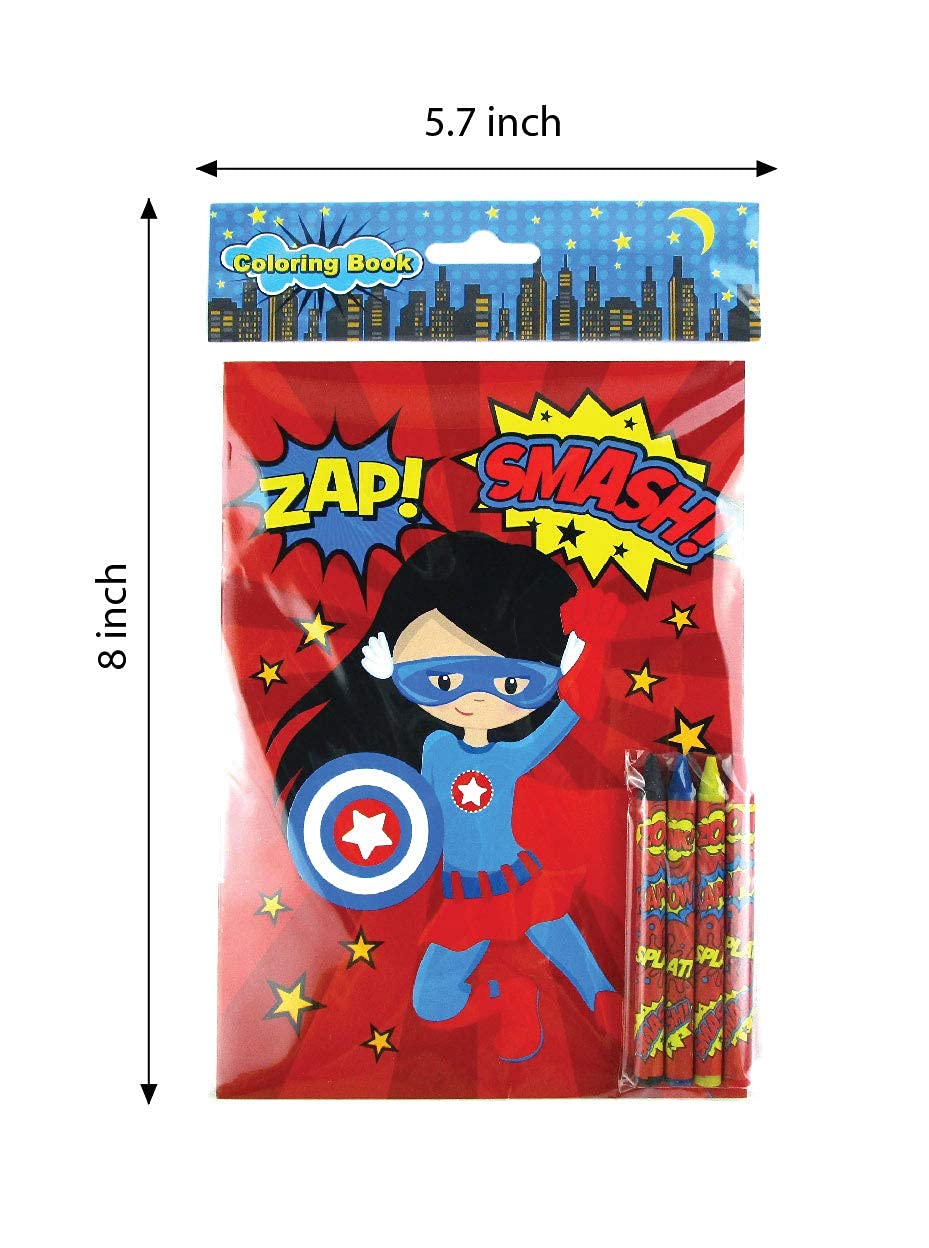 Tiny Mills Superhero Coloring Books for Kids - 12 Books and 48 Crayons Party Favors, Prizes, Favor Bag Filler, Party Supplies