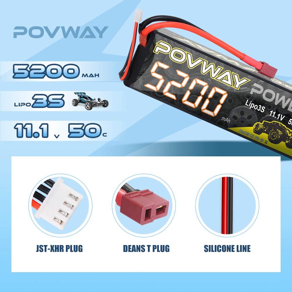 POVWAY 3S Lipo Battery, 5200mAh 11.1V 50C RC Battery with Deans T Plug Hardcase Lipo Battery for RC Cars, RC Truck,Helicopter, A
