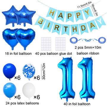 Huture 11 Birthday Party Supplies Blue Number 11 Foil Balloon Happy Birthday Banner Kit 11Th Birthday Decoration White Blue Late
