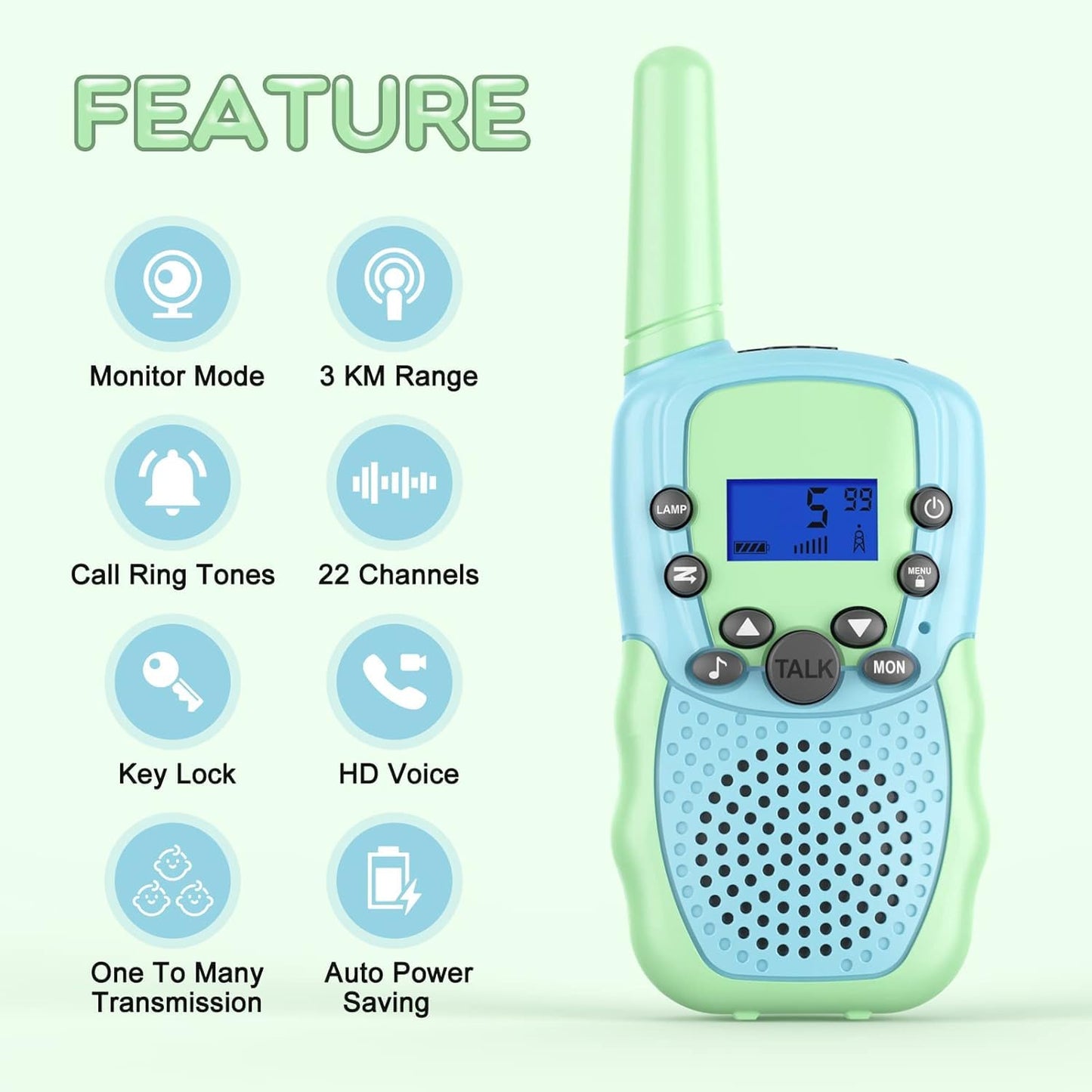Selieve Walkie Talkies for Kids, Rechargeable 2-Way Radio, 3 KM Range, 22 Channels, Green, Ideal Birthday Gift for Ages 5-12
