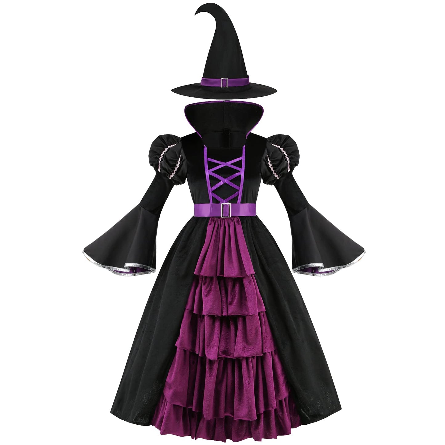 Yolsun Purple Witch Costume For Girls Bubble Sleeve Halloween Witch Dress For Kids (6-8 Years, Purple)