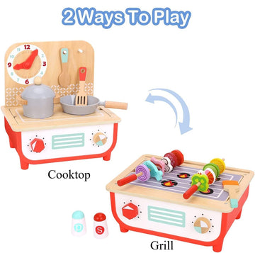 TOOKYLAND Wooden Pretend Cooking Playset - 23pcs - Play Kitchen Toy with Cooktop, Barbecue, Food Items and Accessories, Ages 3+