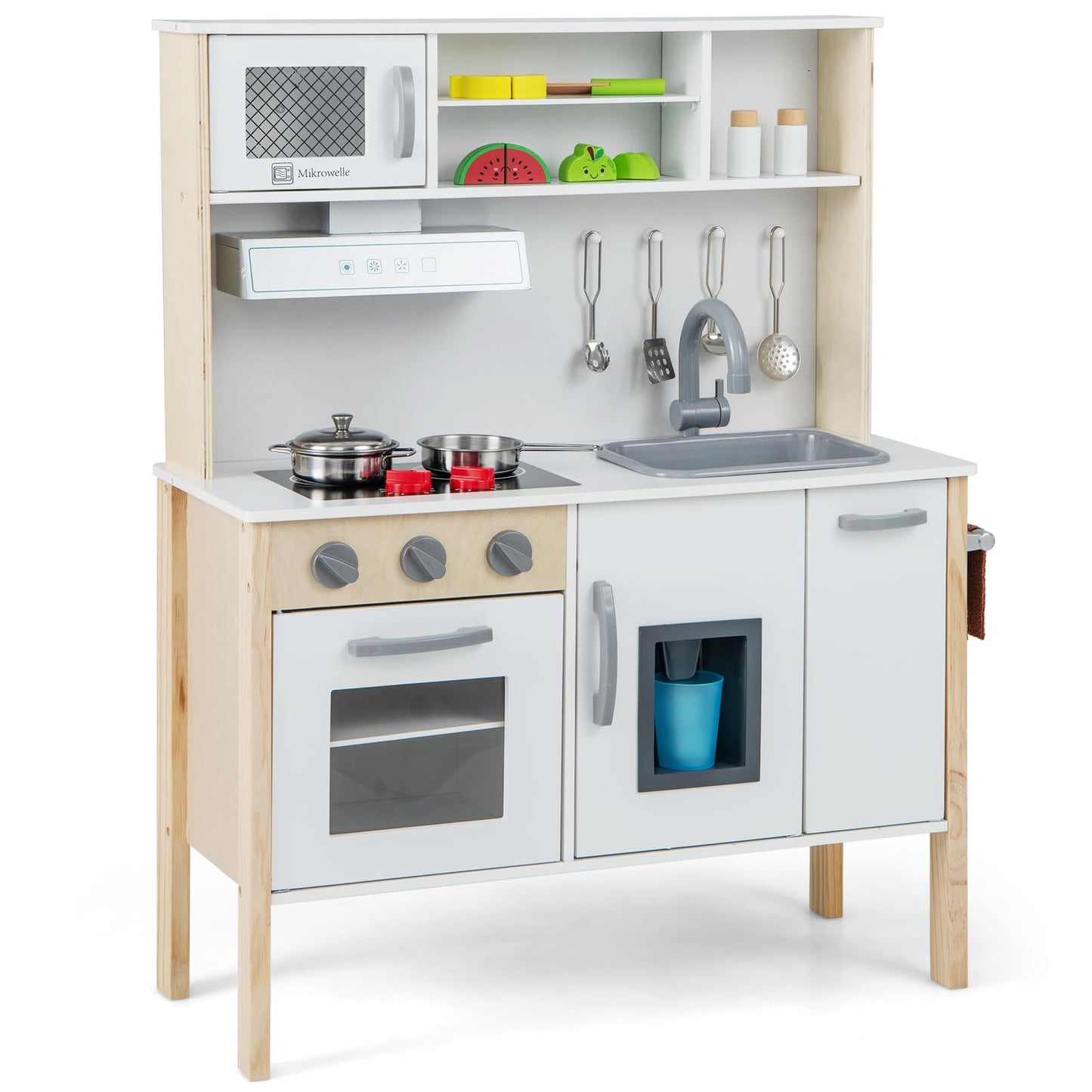 HONEY JOY Kids Kitchen Playset, Wooden Play Kitchen for Toddlers, Microwave, Range Hood, Ice Maker, 18 Cooking Accessories, Litt