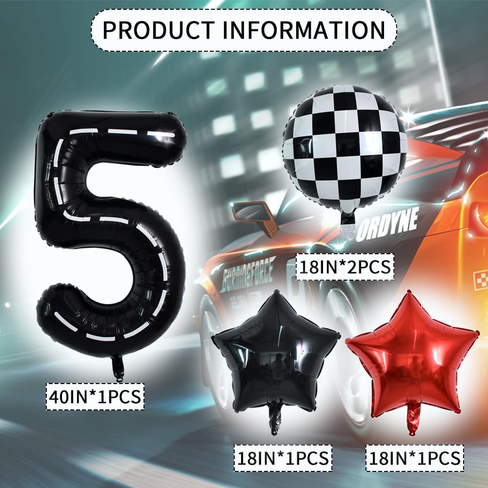 Toniful 40 Inch Race Car 5Th Birthday Balloons Racetrack Number 5 Black Balloons Wheel Tire Balloons Black White Checkered Ballo